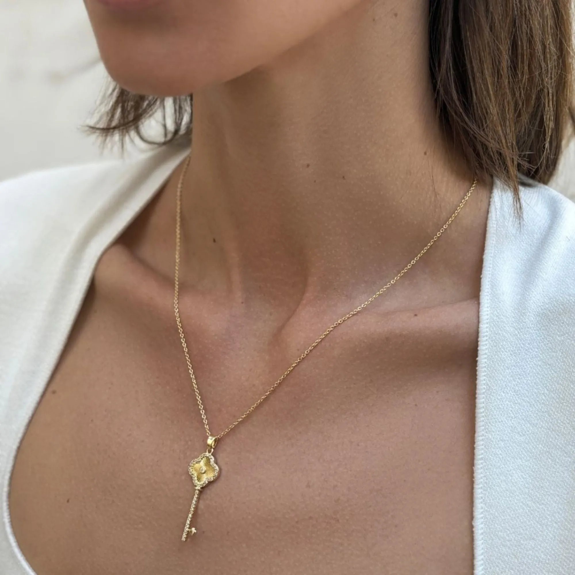 14k Gold Plated Pave Clover Key Pendant Necklace adornia Jewelry