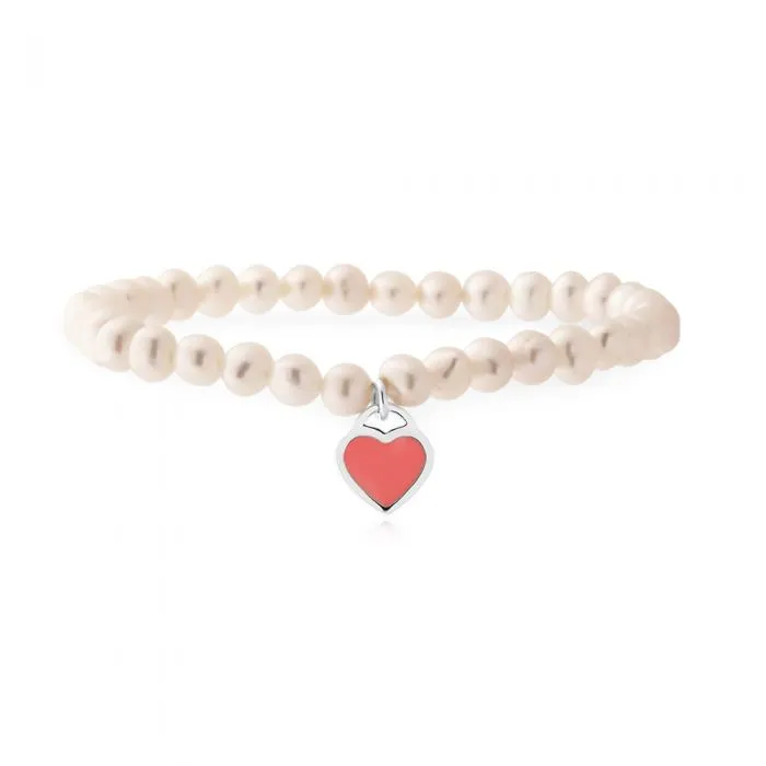 5-5.5mm White Freshwater Pearl Stretch Bracelet with Sterling Silver Pink Heart Sterling Silver	Jewelry