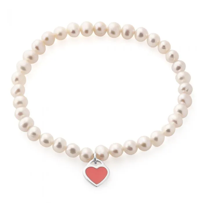 5-5.5mm White Freshwater Pearl Stretch Bracelet with Sterling Silver Pink Heart Sterling Silver	Jewelry