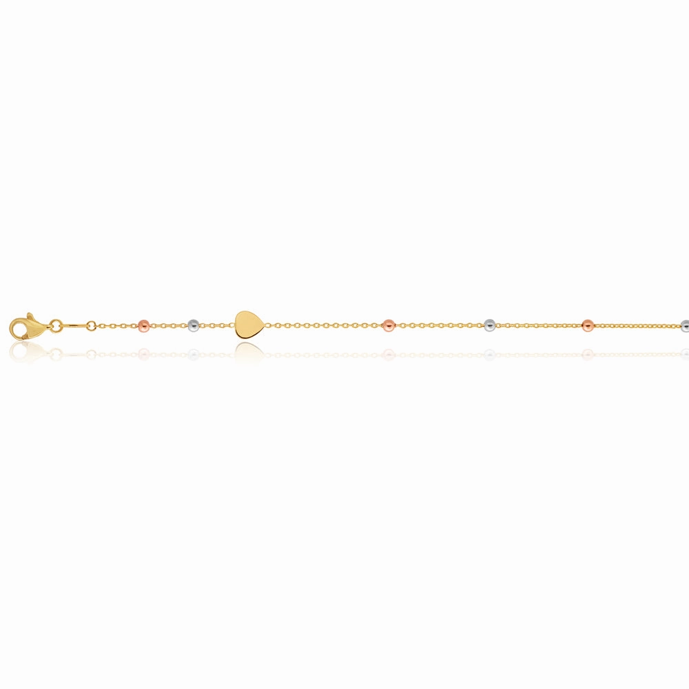 9ct Three-Tone Gold Heart and Bead 27cm Anklet