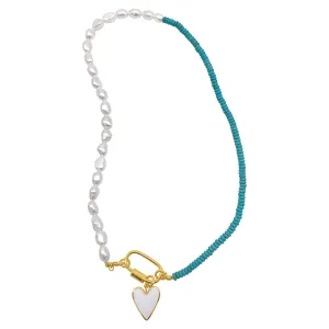Adornia Turquoise and Freshwater Pearl Lock and Heart Pendant Necklace gold adornia Jewelry
