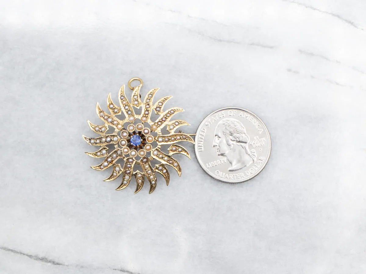 Antique Sapphire and Seed Pearl Starburst Brooch or Pendant