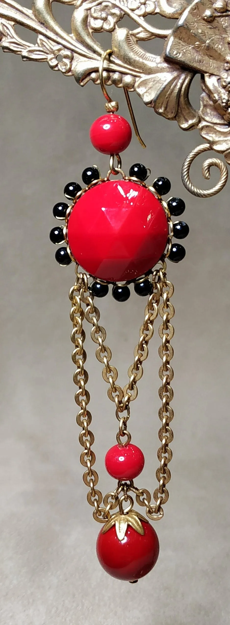 Askew London Clip on Chandleier Earrings Gold Red Statement Unsigned