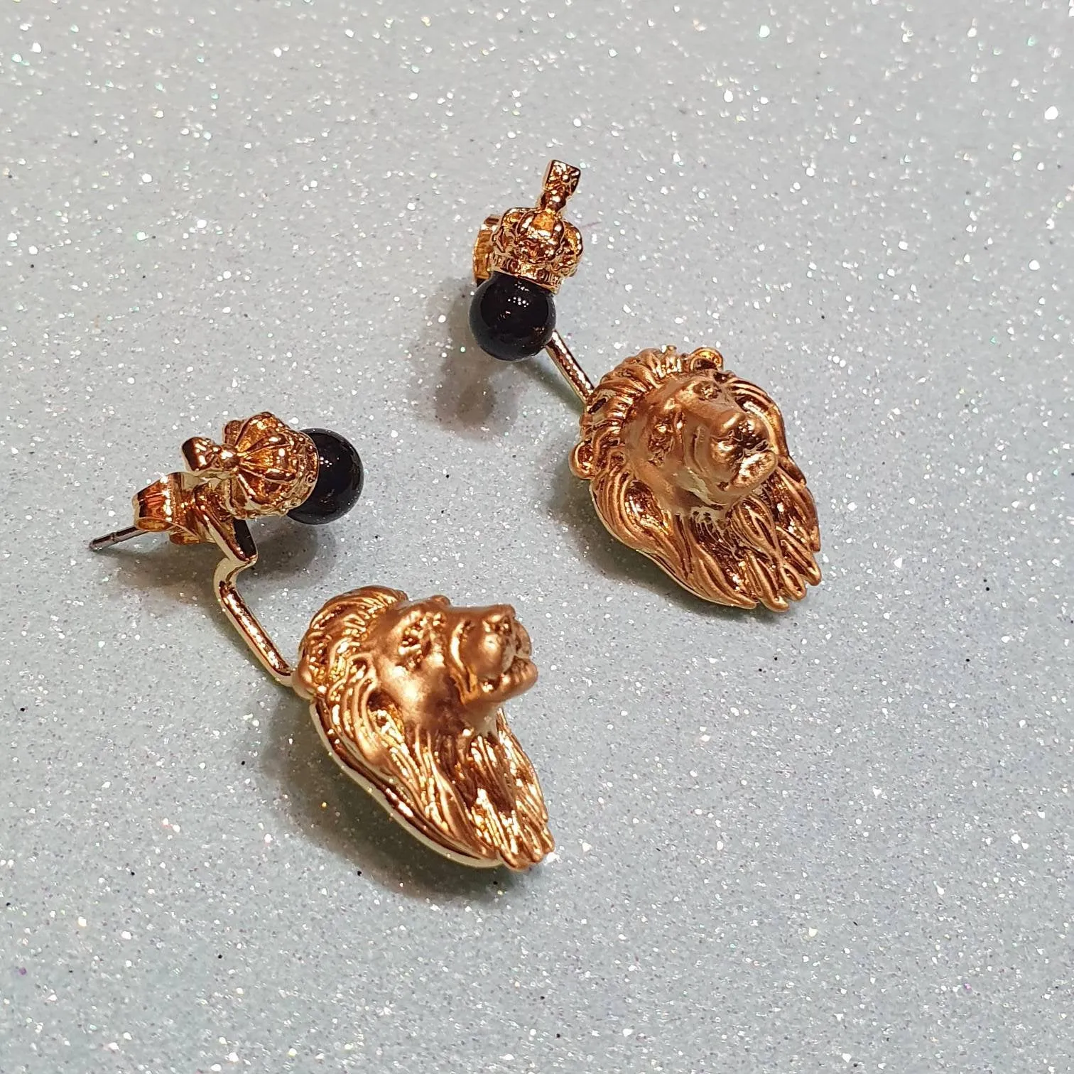 Bill Skinner Lion Earrings Ear Jacket Crown Gold Black