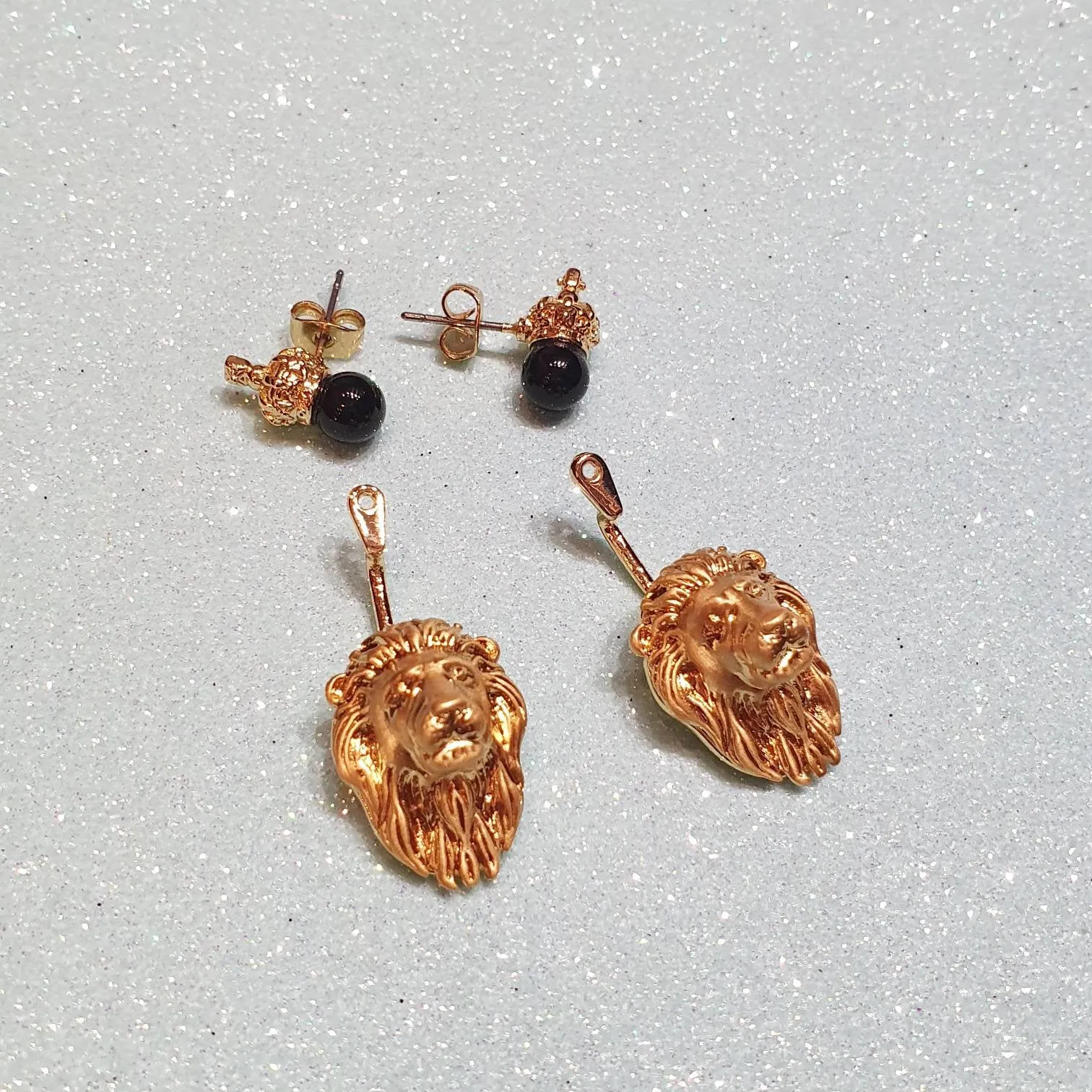 Bill Skinner Lion Earrings Ear Jacket Crown Gold Black
