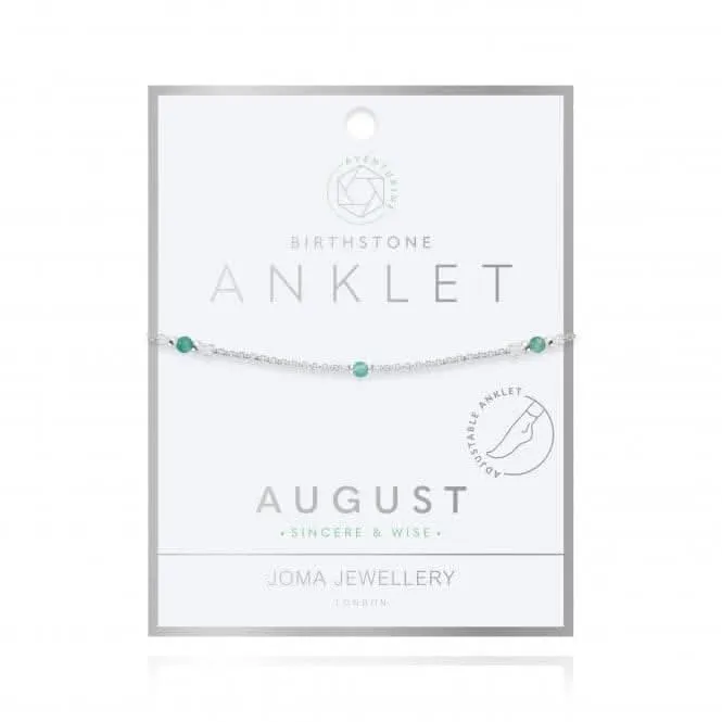 Birthstone August Aventurine Silver 26cm Adjustable Anklet 4207 Joma Jewellery
