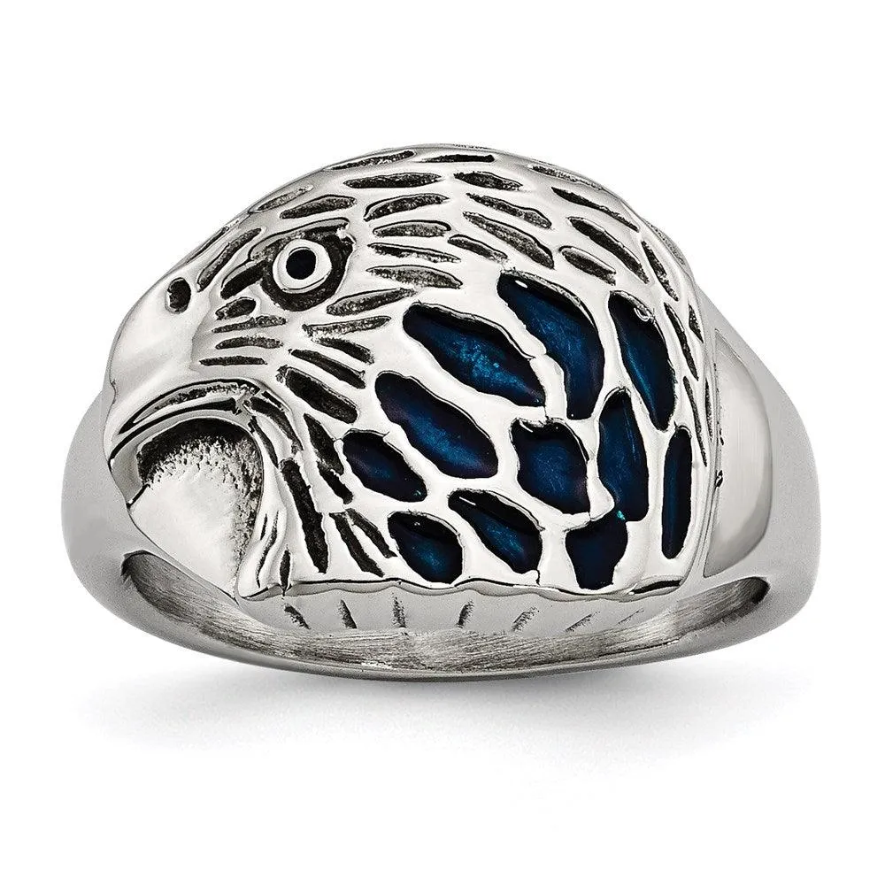 Chisel Jewelry Stainless Steel Polished Blue Enamel Eagle Ring