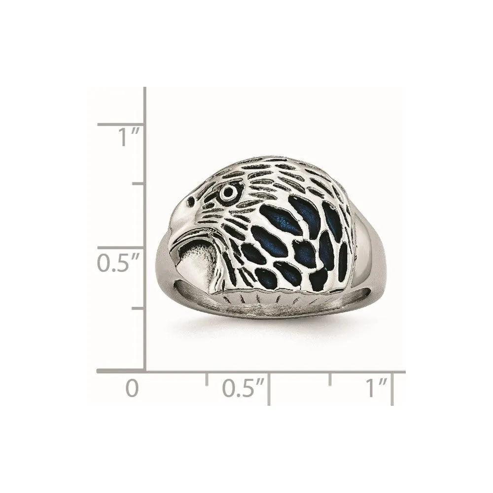 Chisel Jewelry Stainless Steel Polished Blue Enamel Eagle Ring