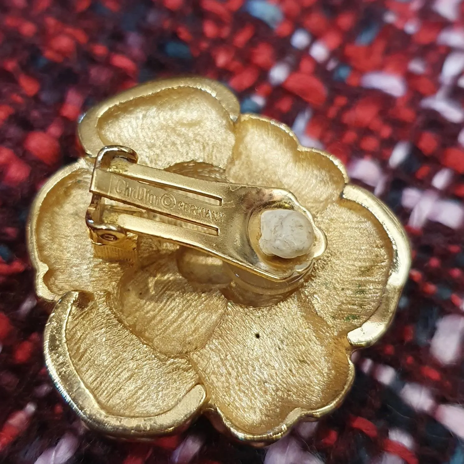 Christian Dior Vintage Earrings Gold Flower Clip On Large