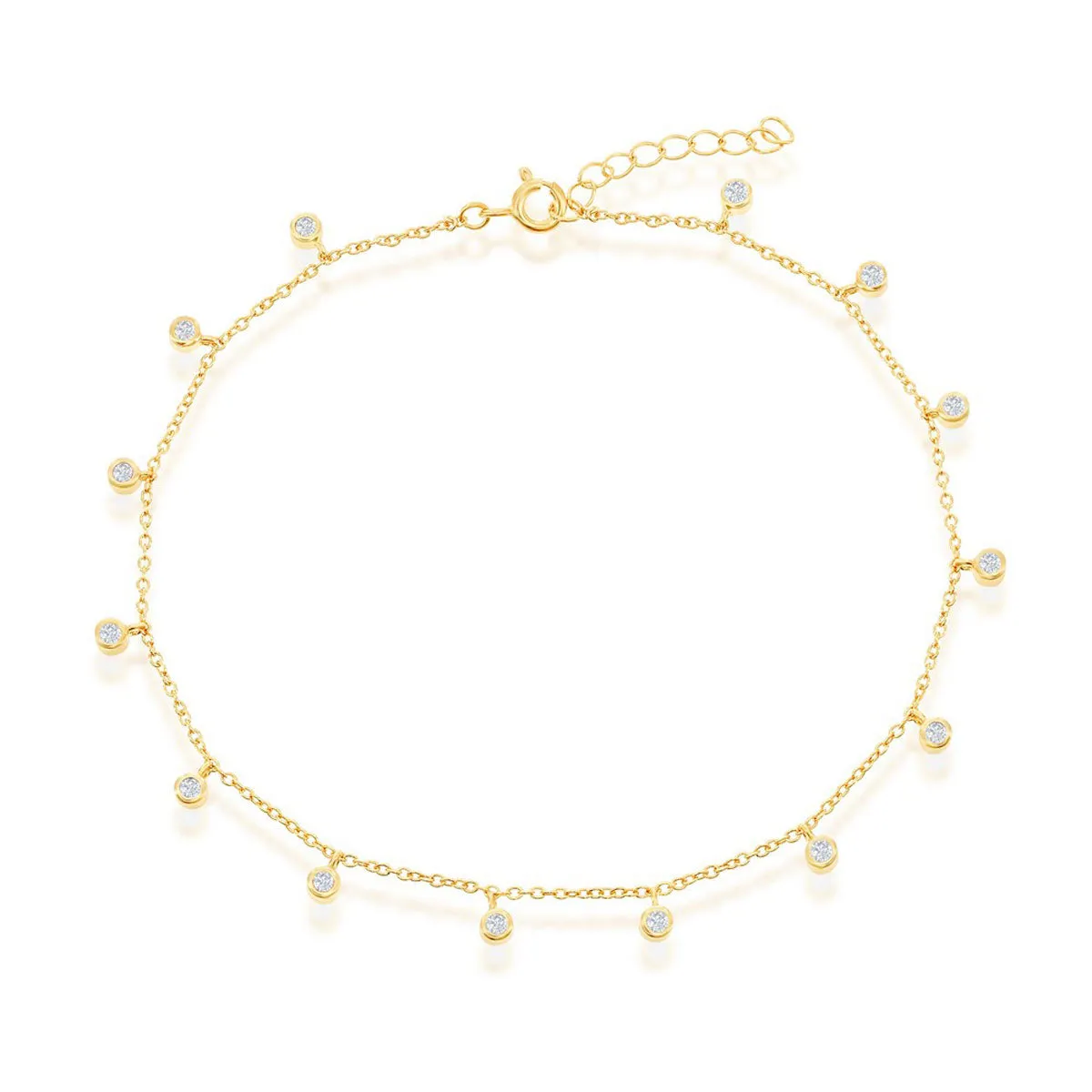 Classic Jewelry Classic Women's Anklet - Gold Plated Sterling Silver Bezel-Set CZ Charms | R-9270-GP