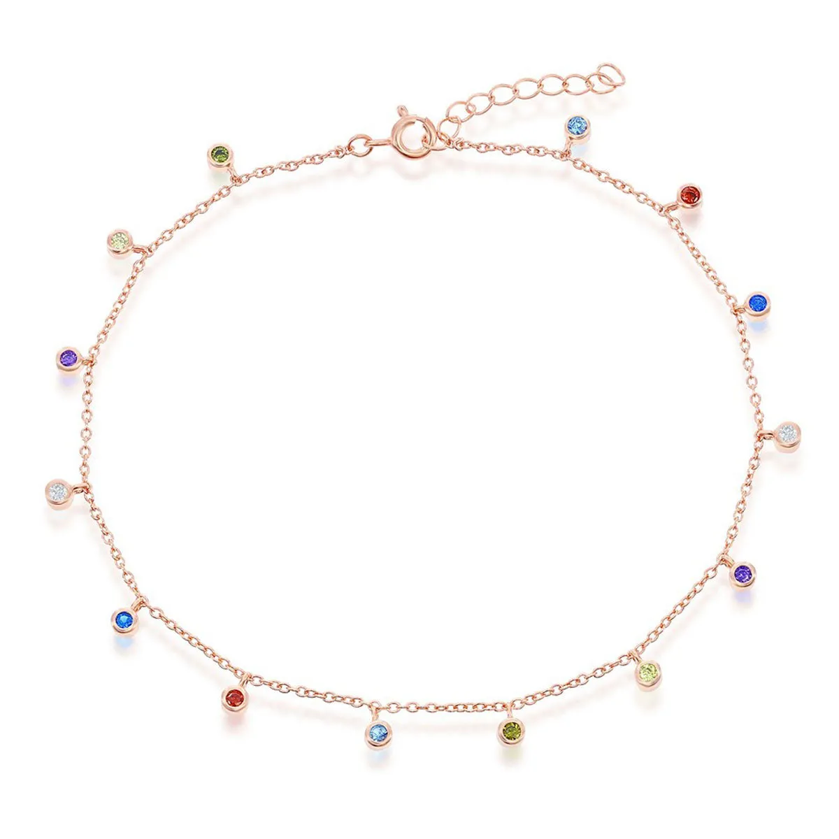 Classic Jewelry Classic Women's Anklet - RG Sterling Silver Bezel-Set Rainbow CZ Charms | R-9271
