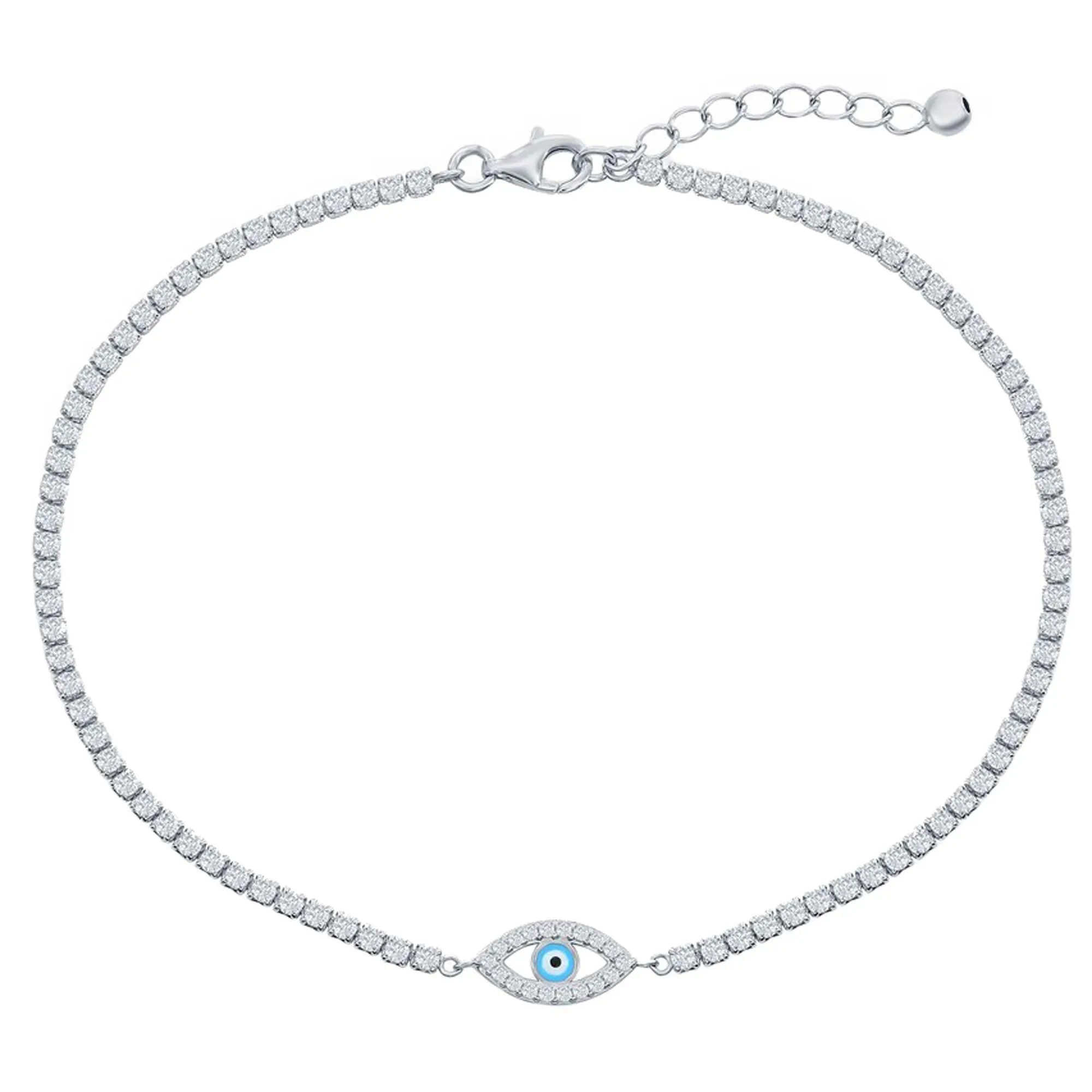 Classic Jewelry Classic Women's Anklet - Sterling Silver Evil Eye Enamel White CZ Tennis | R-9285