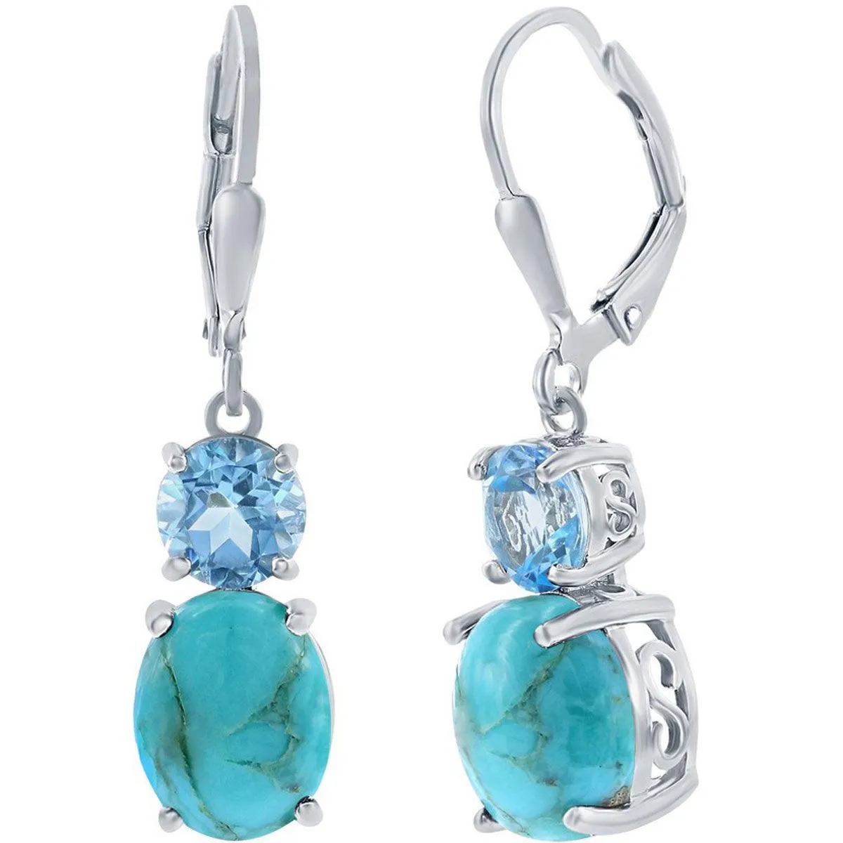 Classic Jewelry Classic Women's Earrings - Oval Shape Turquoise and Round Blue Topaz Gemstone | D-8111