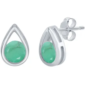 Classic Jewelry Classic Women's Earrings - Silver Pearshaped with Round Emerald Gemstone Stud | D-8163