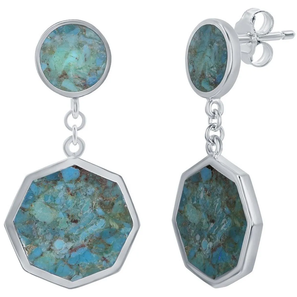 Classic Jewelry Classic Women's Earrings - Sterling Silver Round and Hexagon Shaped Turquoise | D-7811