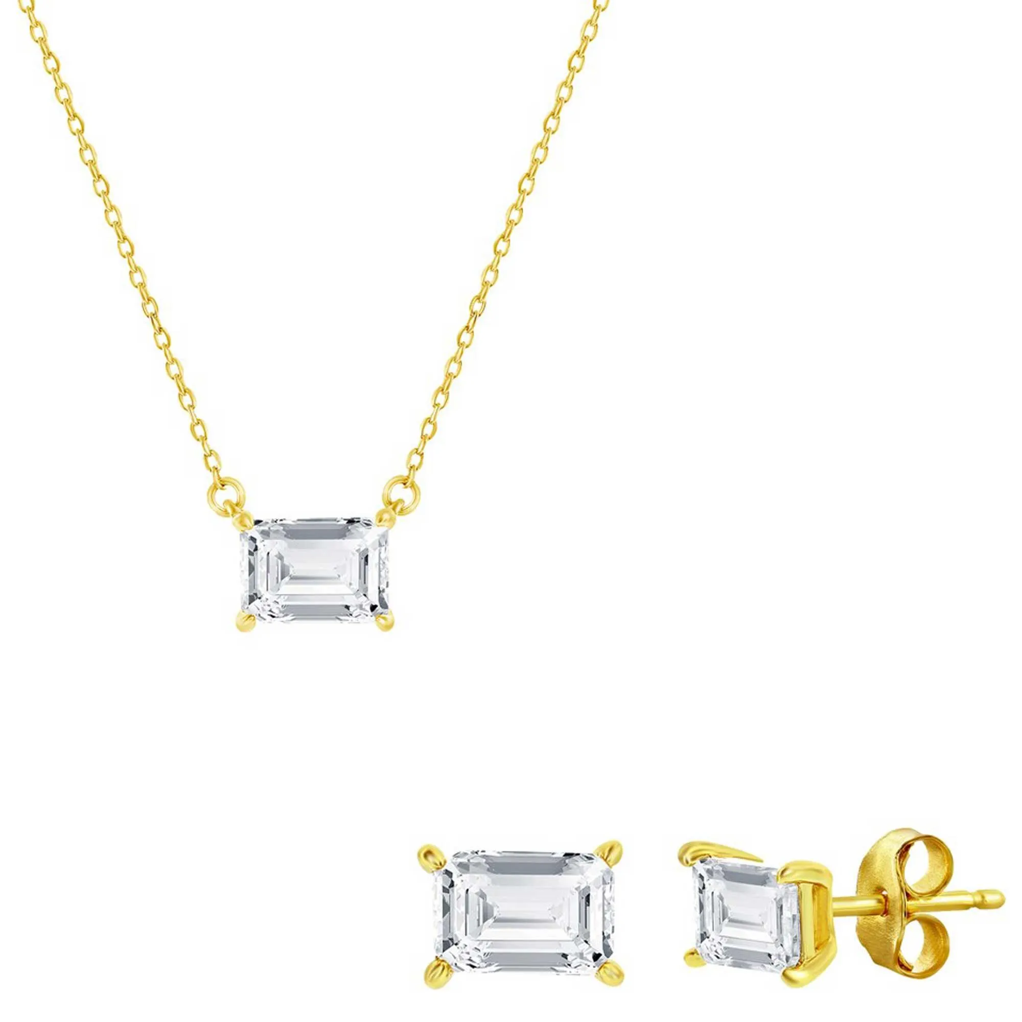 Classic Jewelry Classic Women's Necklace and Earrings Set - Gold Solitaire Rectangle CZ | SET-609