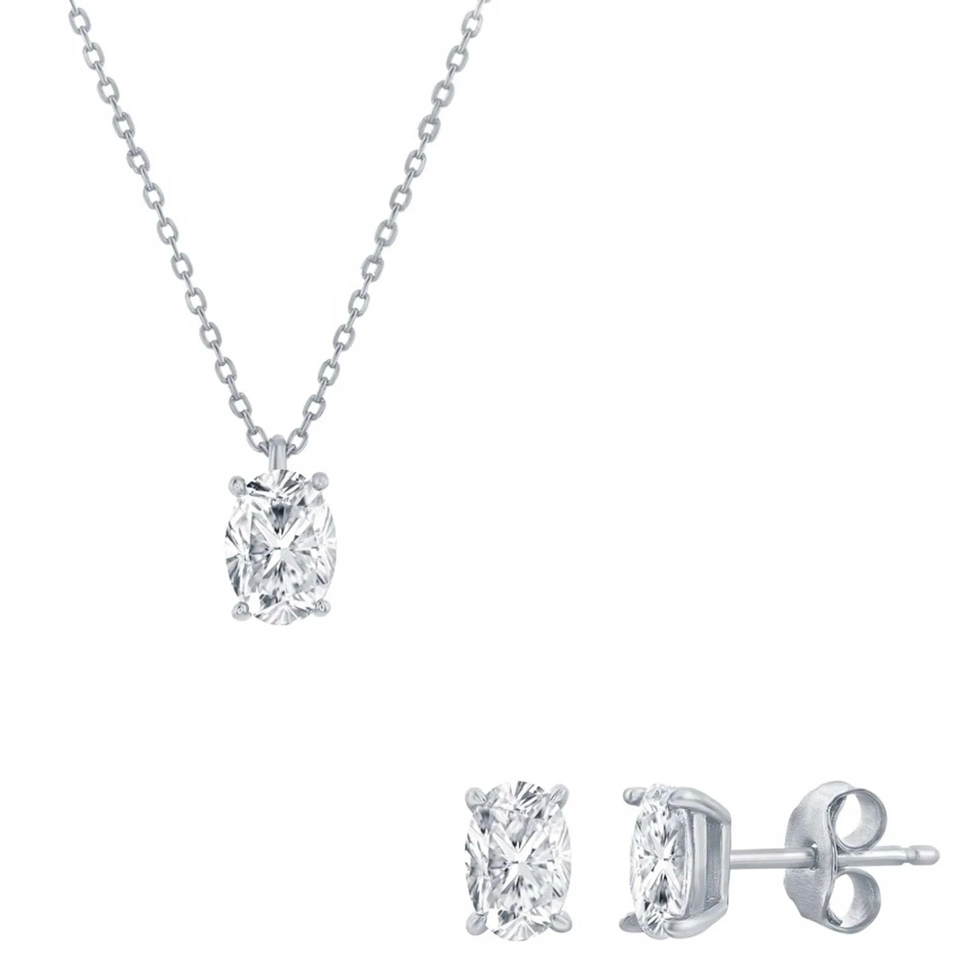 Classic Jewelry Classic Women's Necklace and Earrings Set - Silver Solitaire Oval White CZ | SET-618