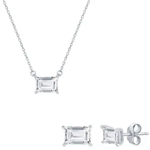 Classic Jewelry Classic Women's Necklace and Earrings Set - Silver Solitaire Rectangle CZ | SET-610