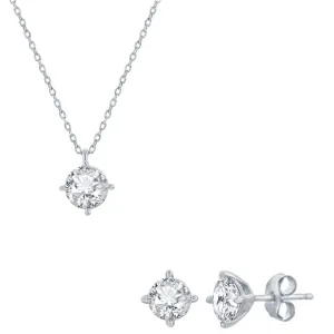Classic Jewelry Classic Women's Necklace and Earrings Set - Silver Solitaire Round White CZ | SET-619