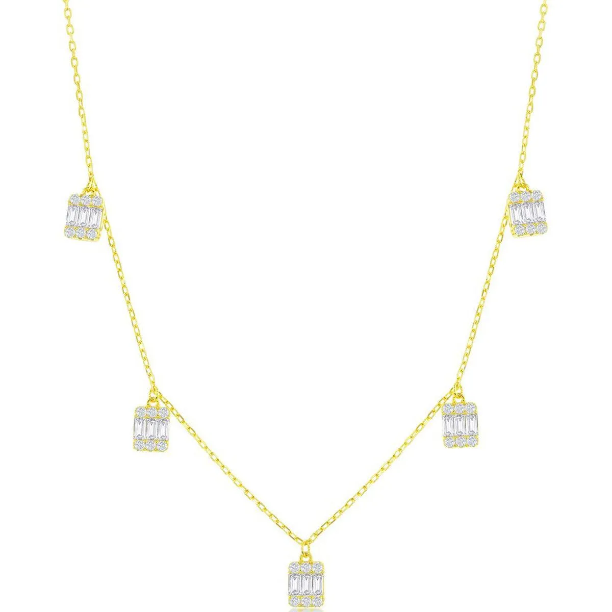 Classic Jewelry Classic Women's Necklace - GP Sterling Silver Baguette CZ Rectangle Charms | M-6926