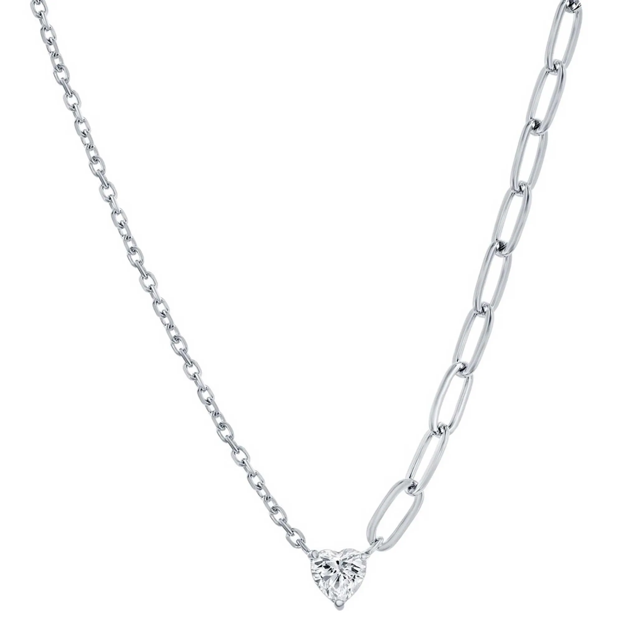 Classic Jewelry Classic Women's Necklace - Sterling Silver White CZ Heart and Half Paperclip | M-7077