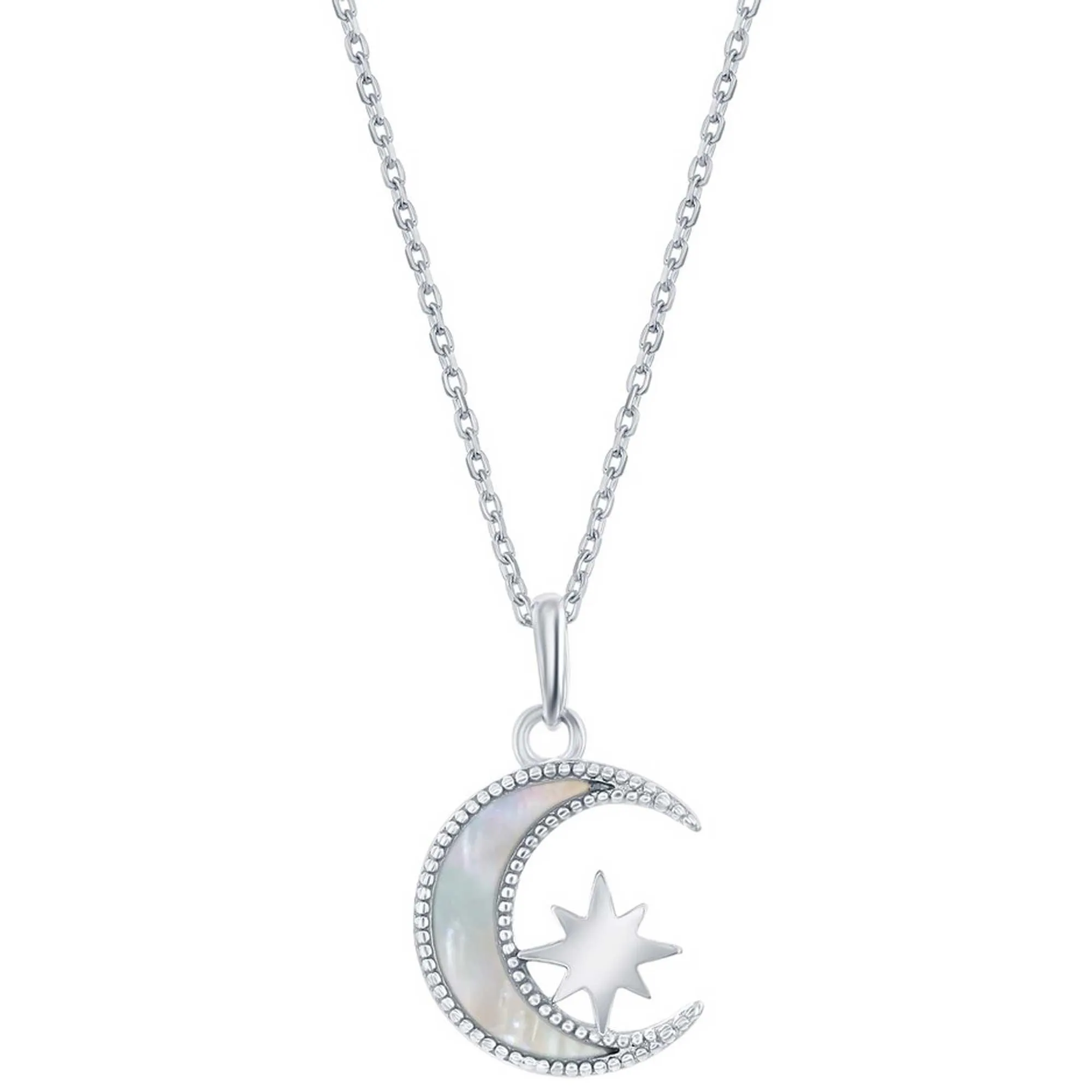 Classic Jewelry Classic Women's Necklace - Sterling Silver White MOP Crescent Moon with Star | M-6800