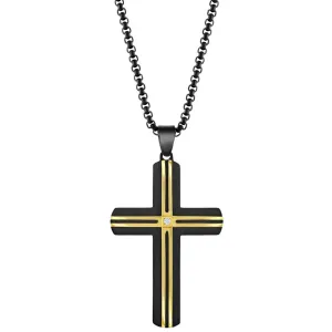 Classic Jewelry Men's Necklace - Stainless Steel Black and Gold Lined CZ Cross | SL-7129