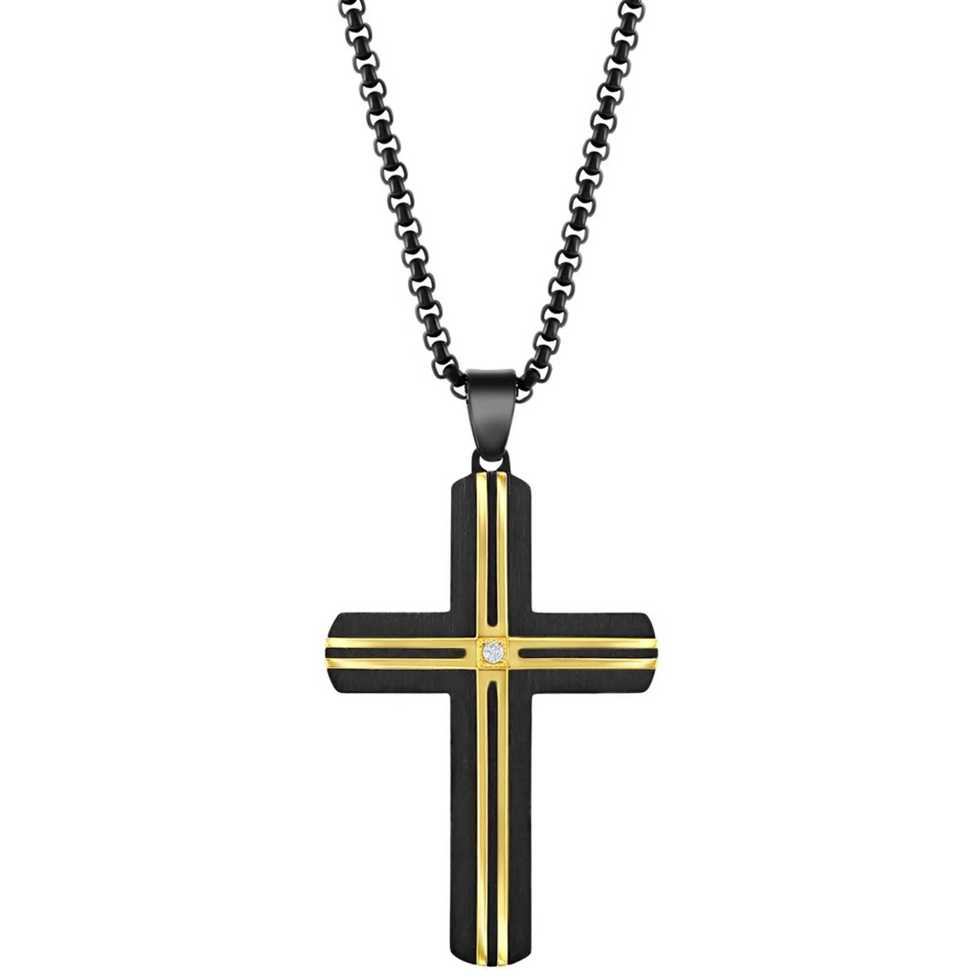 Classic Jewelry Men's Necklace - Stainless Steel Black and Gold Lined CZ Cross | SL-7129