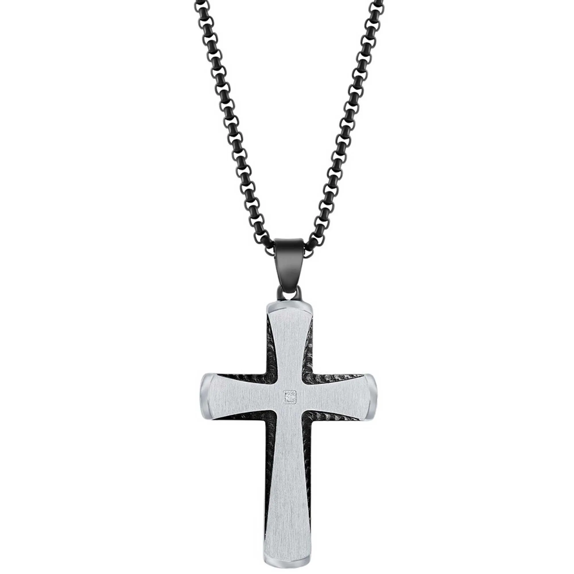 Classic Jewelry Men's Necklace - Stainless Steel Black and Silver Single CZ Cross | SL-7119