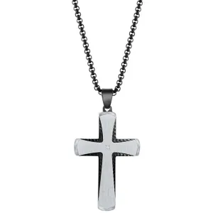 Classic Jewelry Men's Necklace - Stainless Steel Black and Silver Single CZ Cross | SL-7119