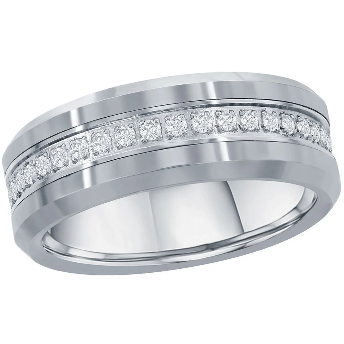 Classic Jewelry Men's Ring - Polished Silver CZ Eternity Tungsten Band, Size 13 | SW-2081-13
