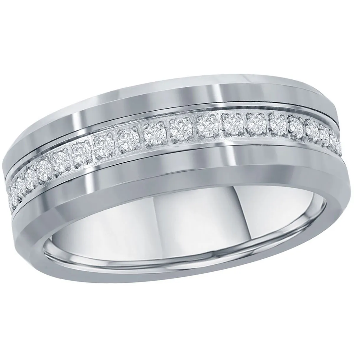 Classic Jewelry Men's Ring - Polished Silver CZ Eternity Tungsten Band, Size 13 | SW-2081-13