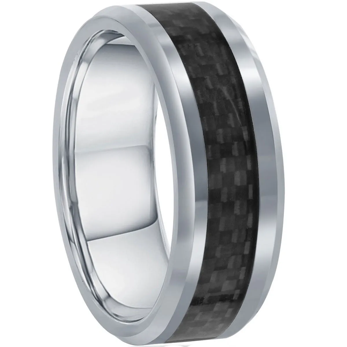 Classic Jewelry Men's Ring - Silver Tungsten with Black Carbon Fiber, Size 9 | SW-2072-9