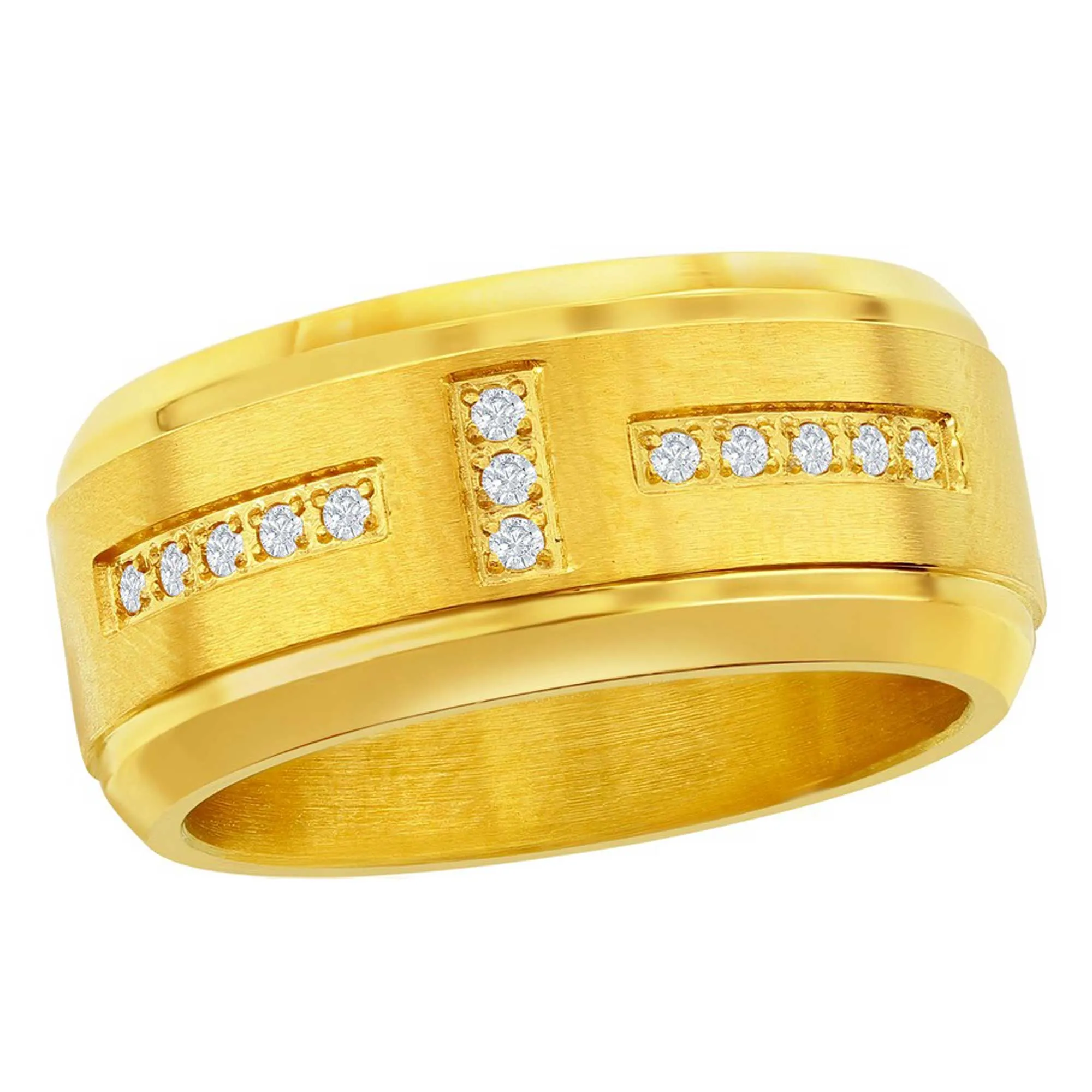Classic Jewelry Men's Ring - Stainless Steel Polished Gold Tone White CZ, Size 9 | SW-2108-9