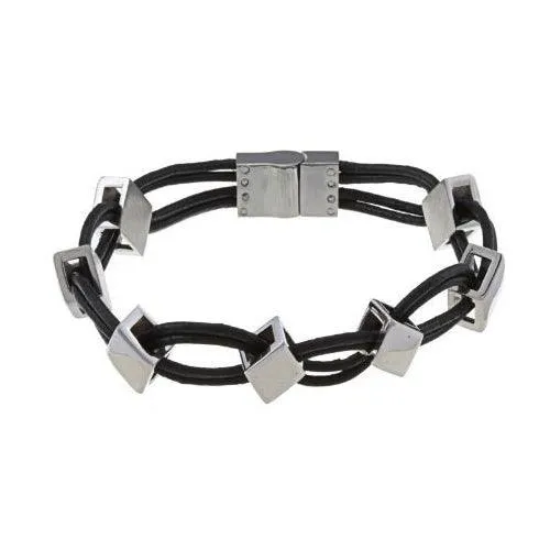 Classic Jewelry Stainless Steel Leather and Diamond Shaped Links Bracelet, 8.5"