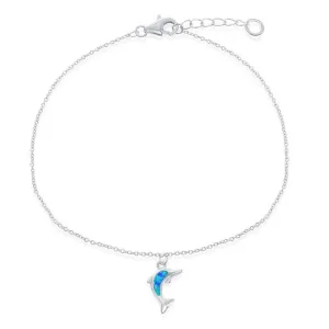 Classic Jewelry Sterling Silver Blue Inlay Opal Dolphin Anklet