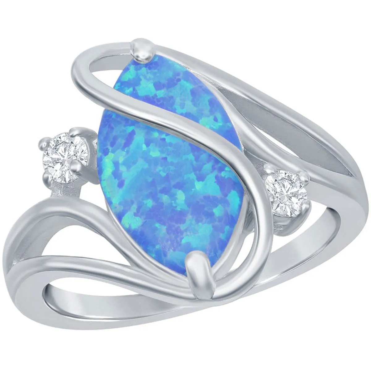 Classic Jewelry Sterling Silver Blue Inlay Opal Oval Twist With CZ Ring