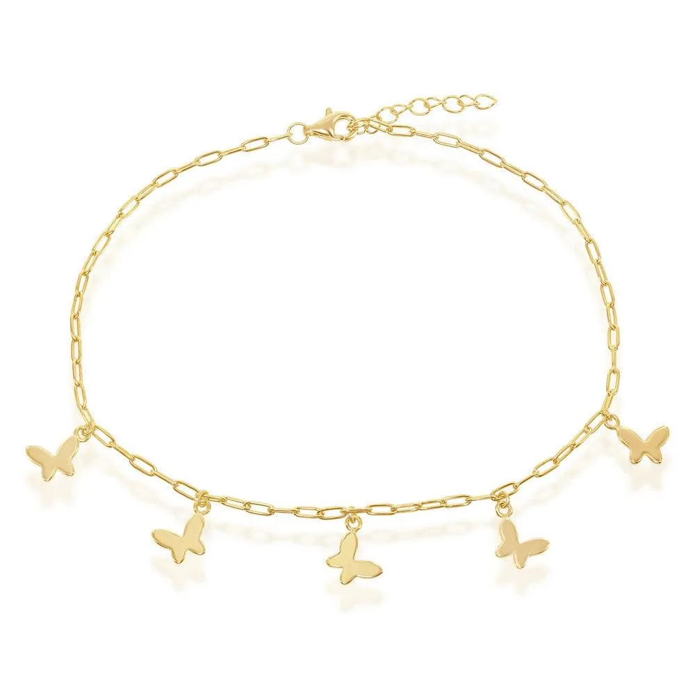 Classic Jewelry Sterling Silver Butterfly Charms Paperclip Anklet - Gold Plated