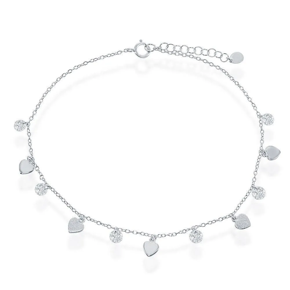 Classic Jewelry Sterling Silver Cubic Zirconia with Shiny and Matte Hearts Anklet