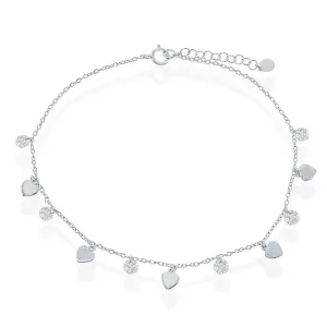 Classic Jewelry Sterling Silver Cubic Zirconia with Shiny and Matte Hearts Anklet