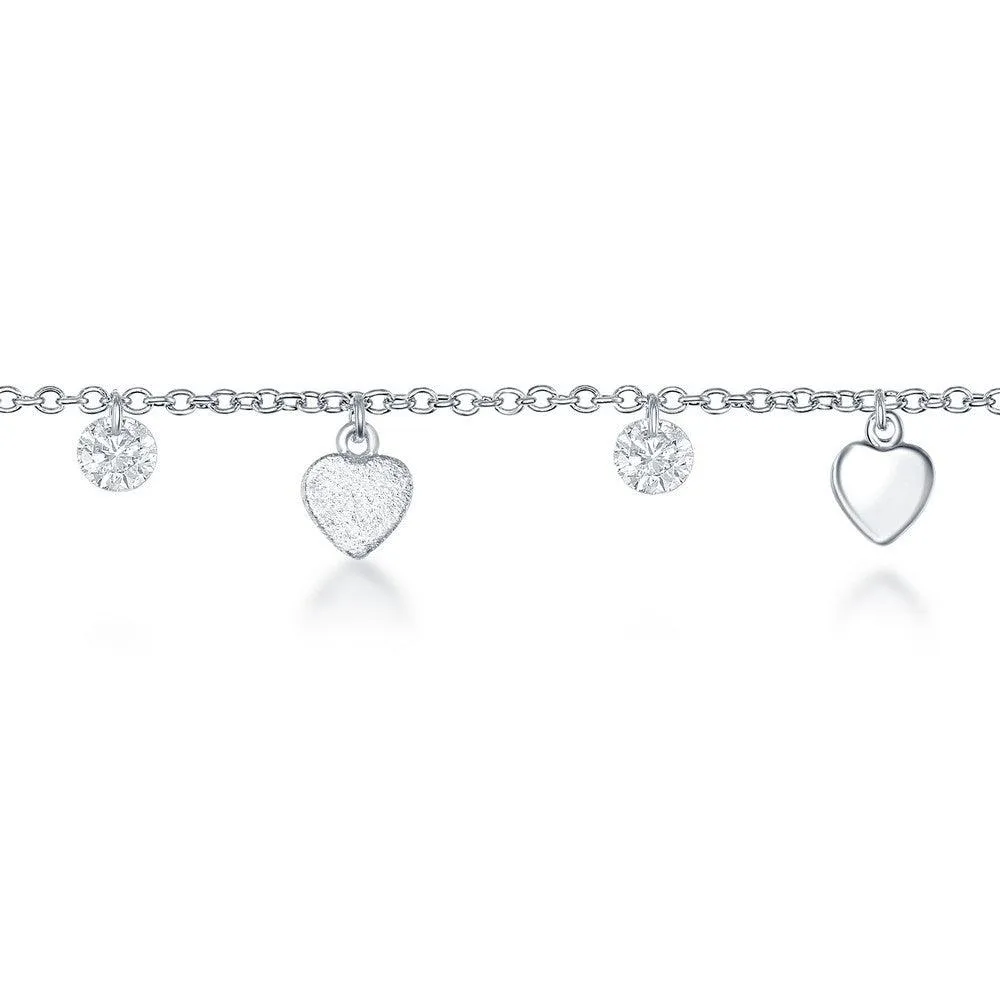 Classic Jewelry Sterling Silver Cubic Zirconia with Shiny and Matte Hearts Anklet