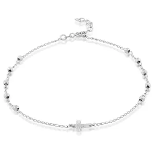 Classic Jewelry Sterling Silver Diamond Cut Beads with Small Center Cross Anklet