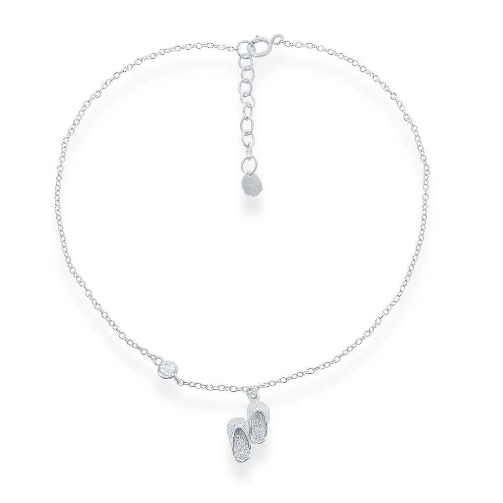 Classic Jewelry Sterling Silver Double Flip Flop with Single CZ Anklet