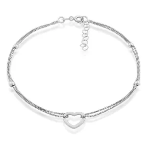 Classic Jewelry Sterling Silver Double Strand with Beads and Open Heart Anklet