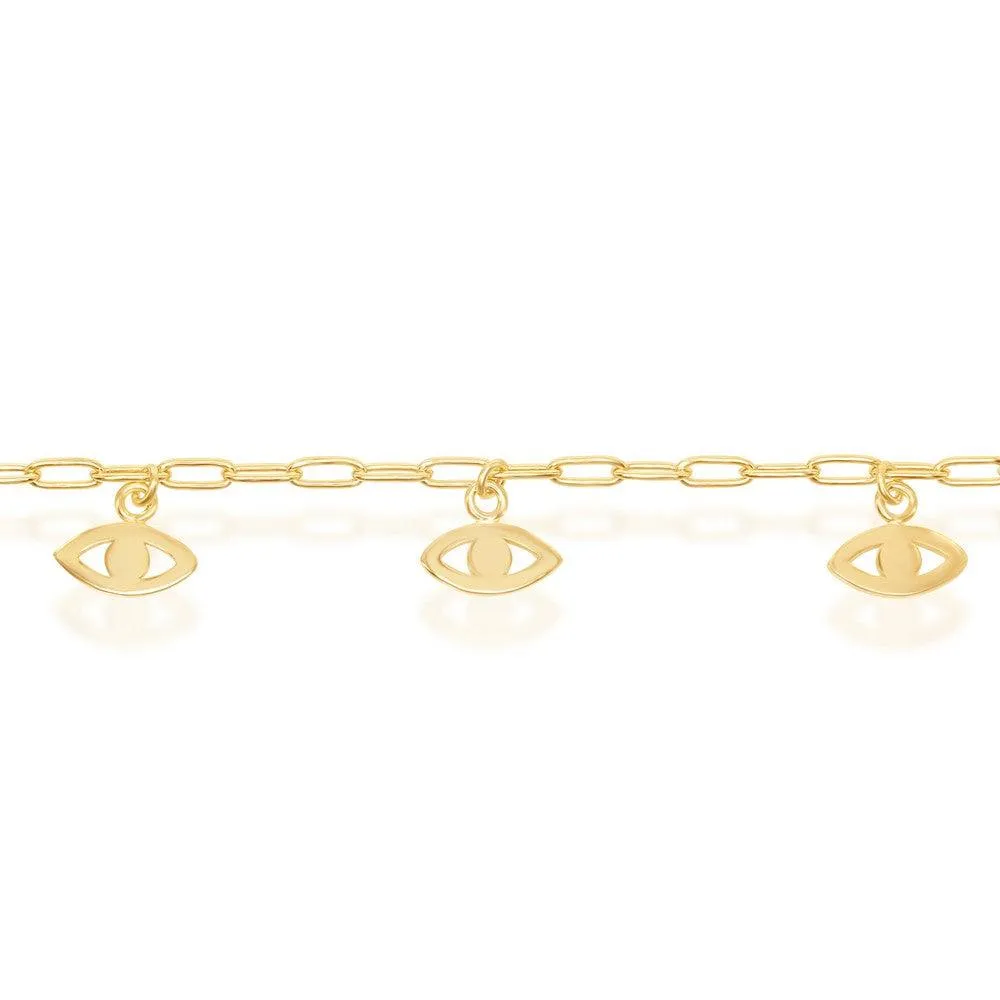 Classic Jewelry Sterling Silver Evil Eye Charms Paperclip Anklet - Gold Plated