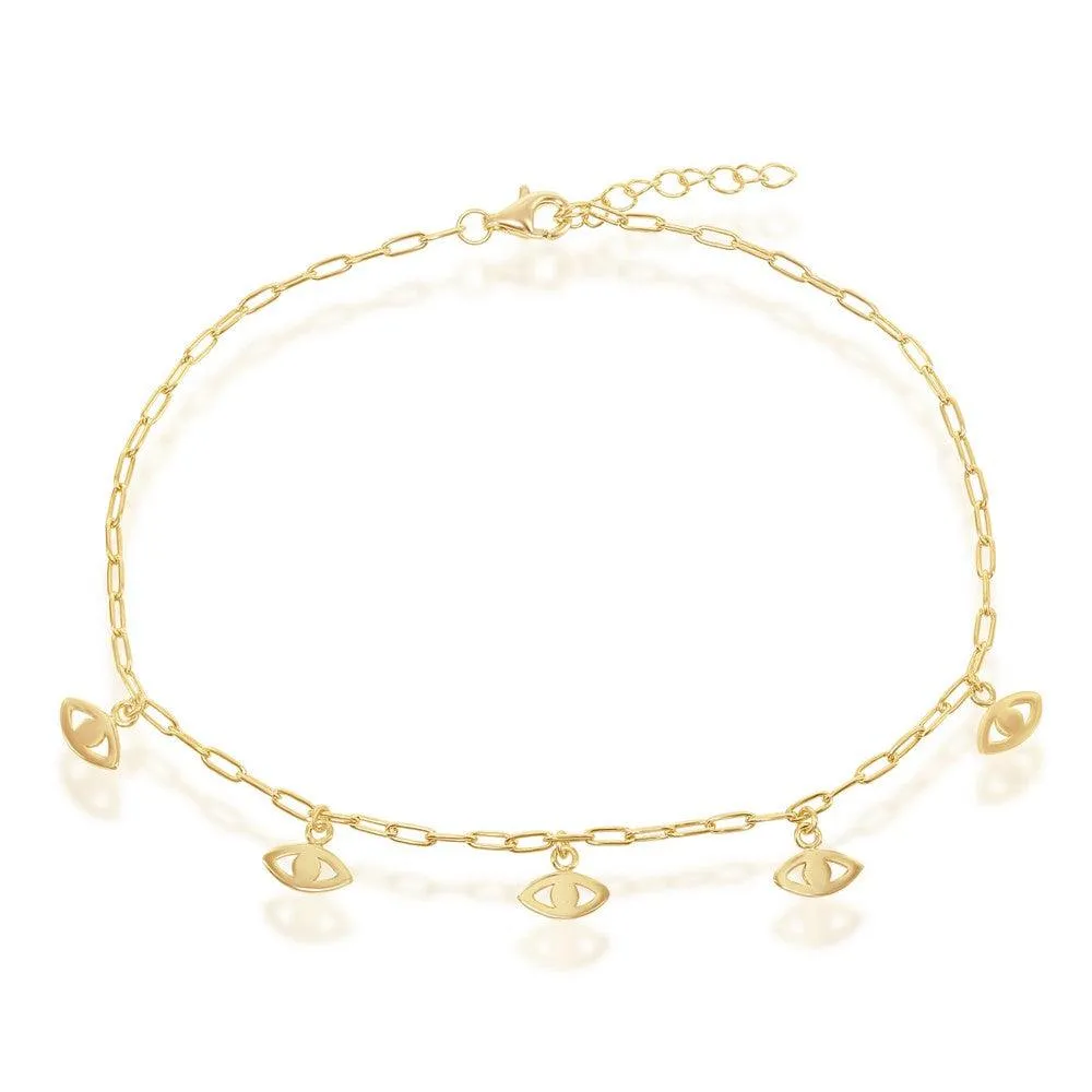 Classic Jewelry Sterling Silver Evil Eye Charms Paperclip Anklet - Gold Plated