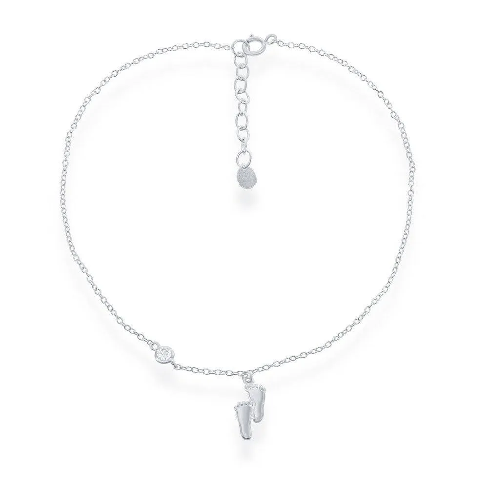 Classic Jewelry Sterling Silver Foot Prints with Single CZ Anklet