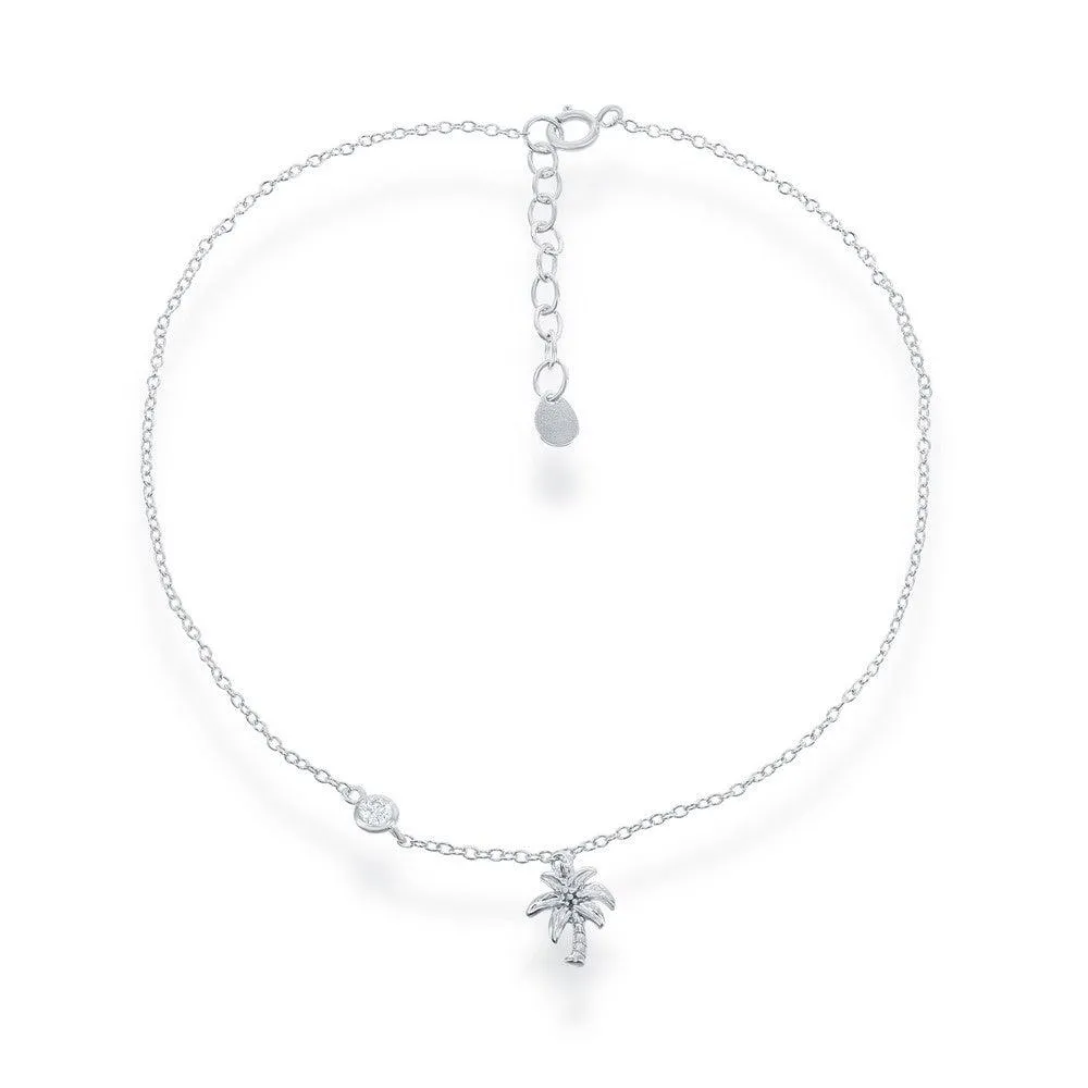 Classic Jewelry Sterling Silver Palm Tree with Single Cubic Zirconia Anklet