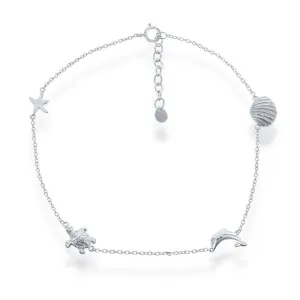 Classic Jewelry Sterling Silver Shell, Dolphin, Turtle and Starfish Anklet