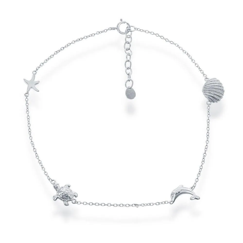 Classic Jewelry Sterling Silver Shell, Dolphin, Turtle and Starfish Anklet